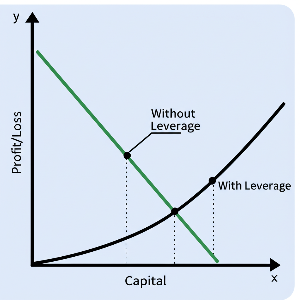 一張概念圖，描繪差價合約交易的高槓桿，小額資金透過放大鏡象徵控制更大部位。