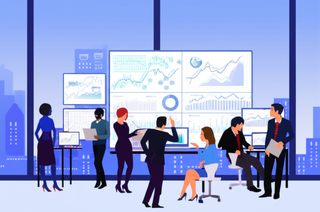 繁忙的交易大廳,交易員積極操作,大螢幕顯示市場數據,並疊加上升中的金價圖表,呈現市場波動的緊迫感。