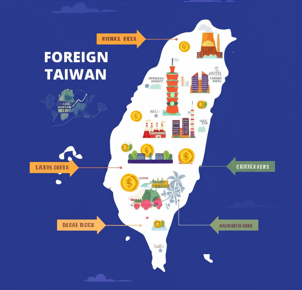 台灣外商直接投資示意圖,呈現跨國企業進駐、資金流入與技術合作場景