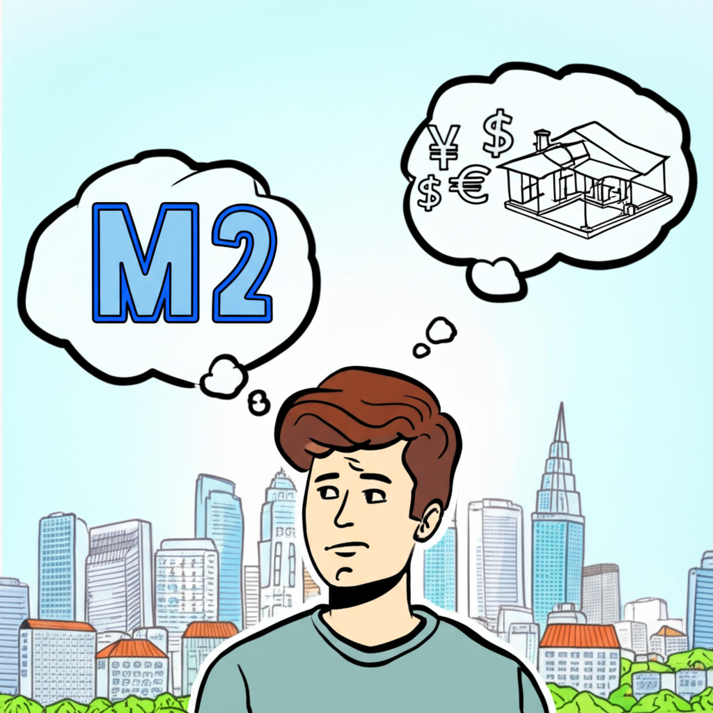 一個人困惑看著 M2 符號,周圍有貨幣和房屋藍圖的插圖,背景是活力城市景觀