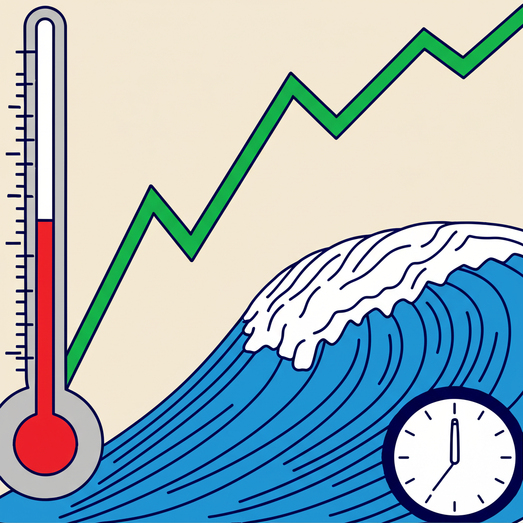 波動性的多種形式插圖,包括金融圖表、海洋波浪、溫度變化與時間象徵