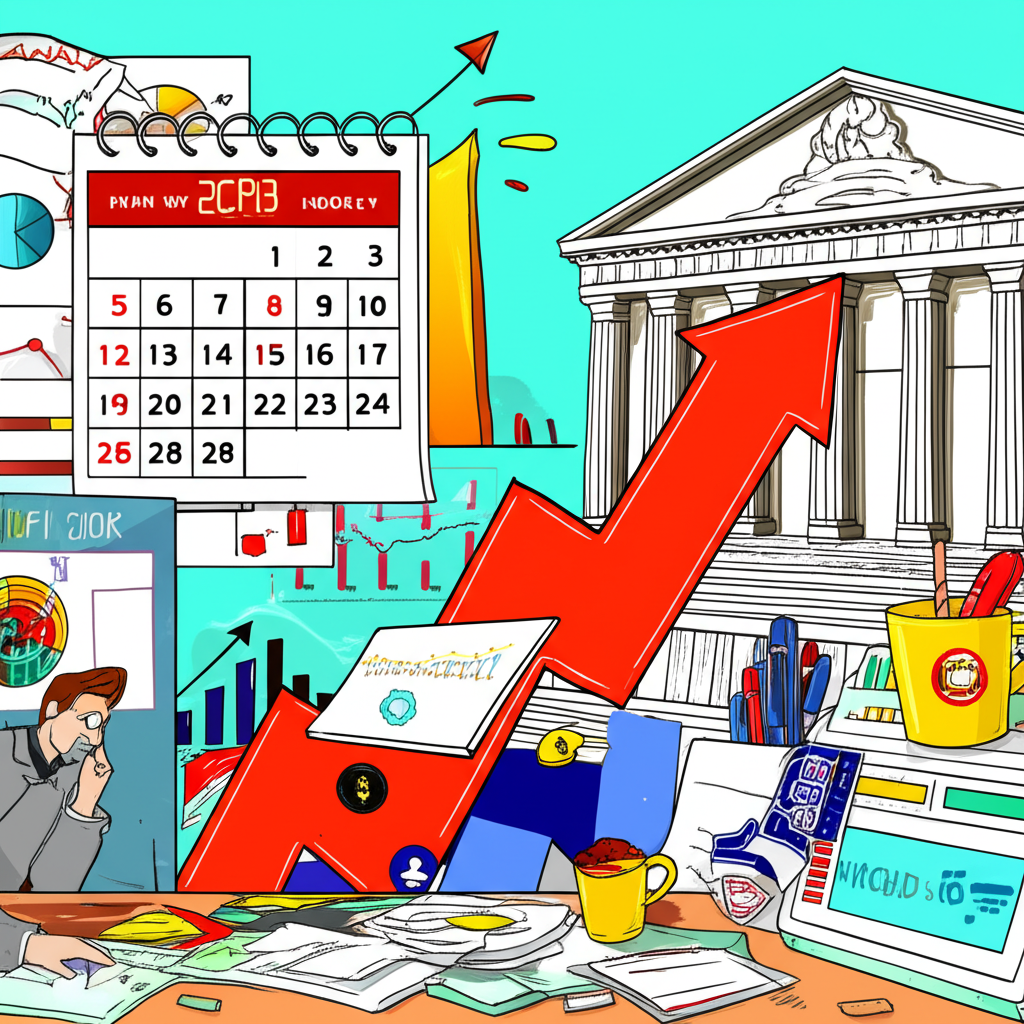 金融工作桌上的圖表與2023年CPI發布日期日曆,投資人關注通膨箭頭上升與央行建築背景