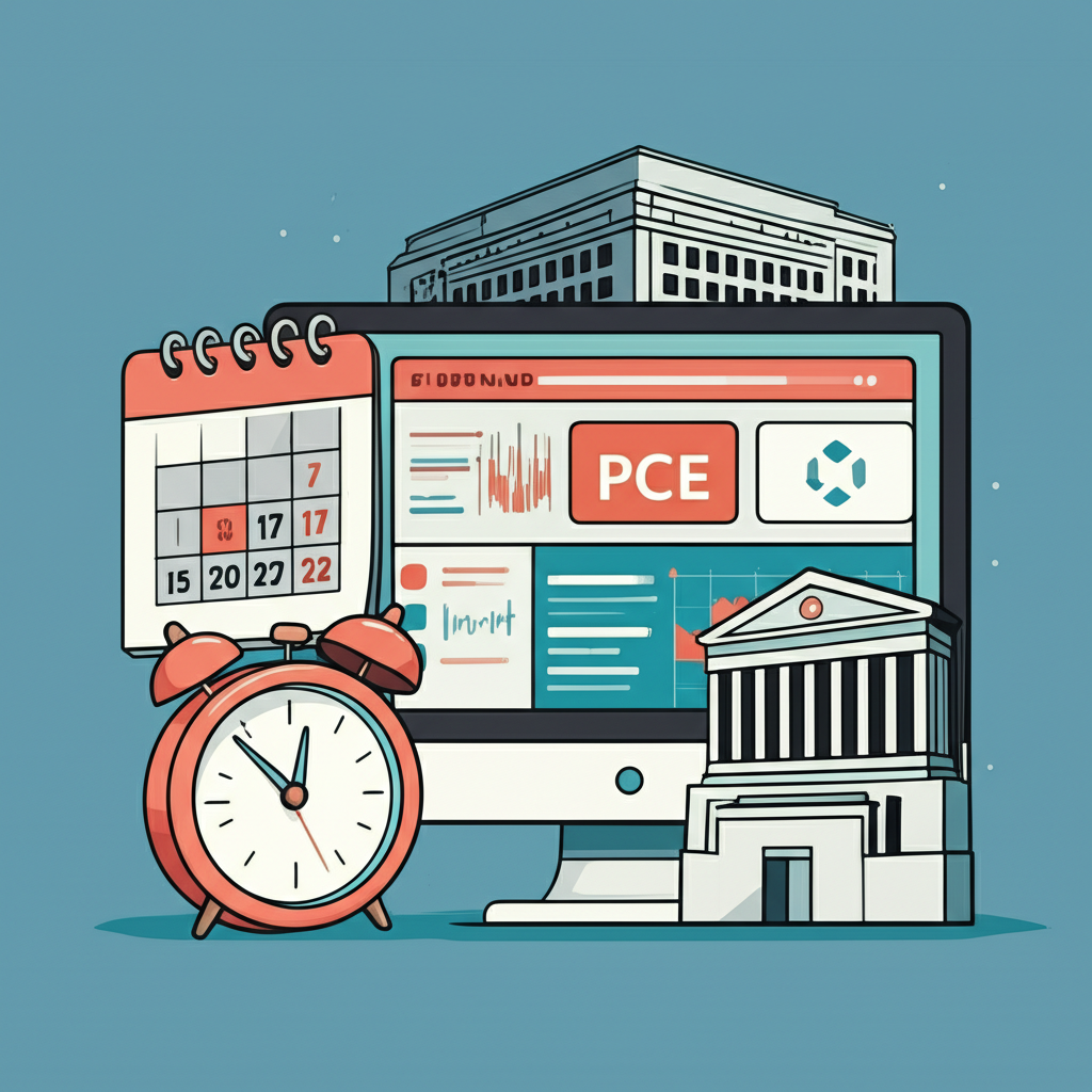 Calendar highlighting PCE release date with real-time data screens and Cleveland Fed icon