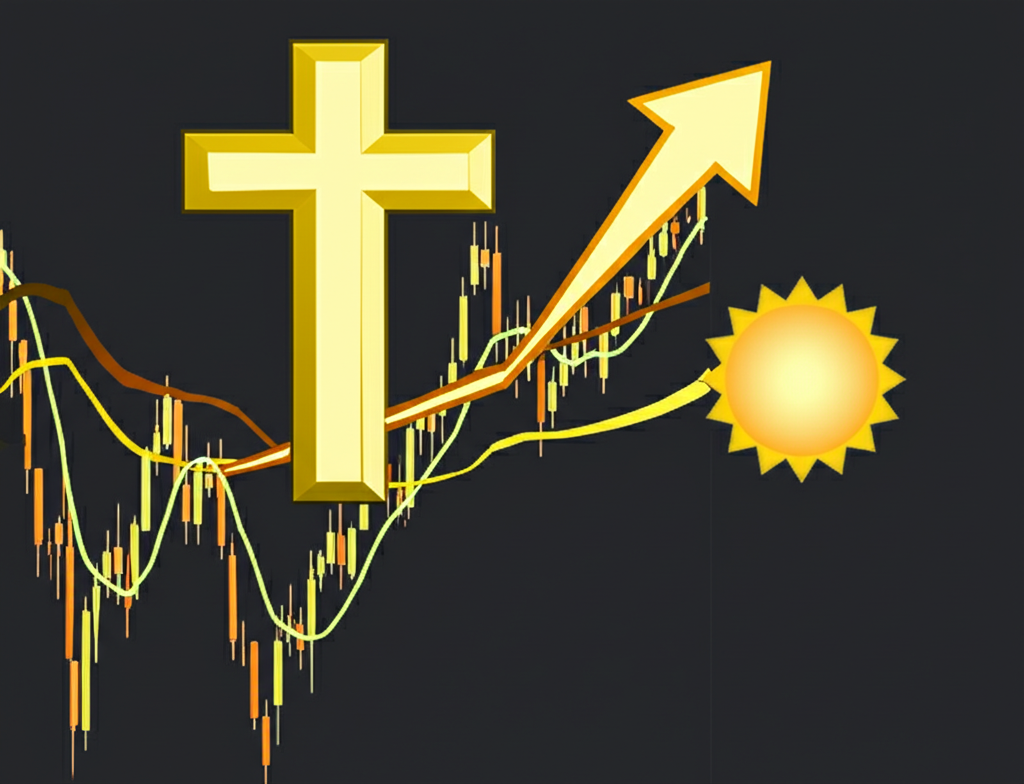 股票圖表上的黃金交叉，短期均線上穿長期均線，向上箭頭與太陽圖標象徵強烈買入訊號與市場上漲