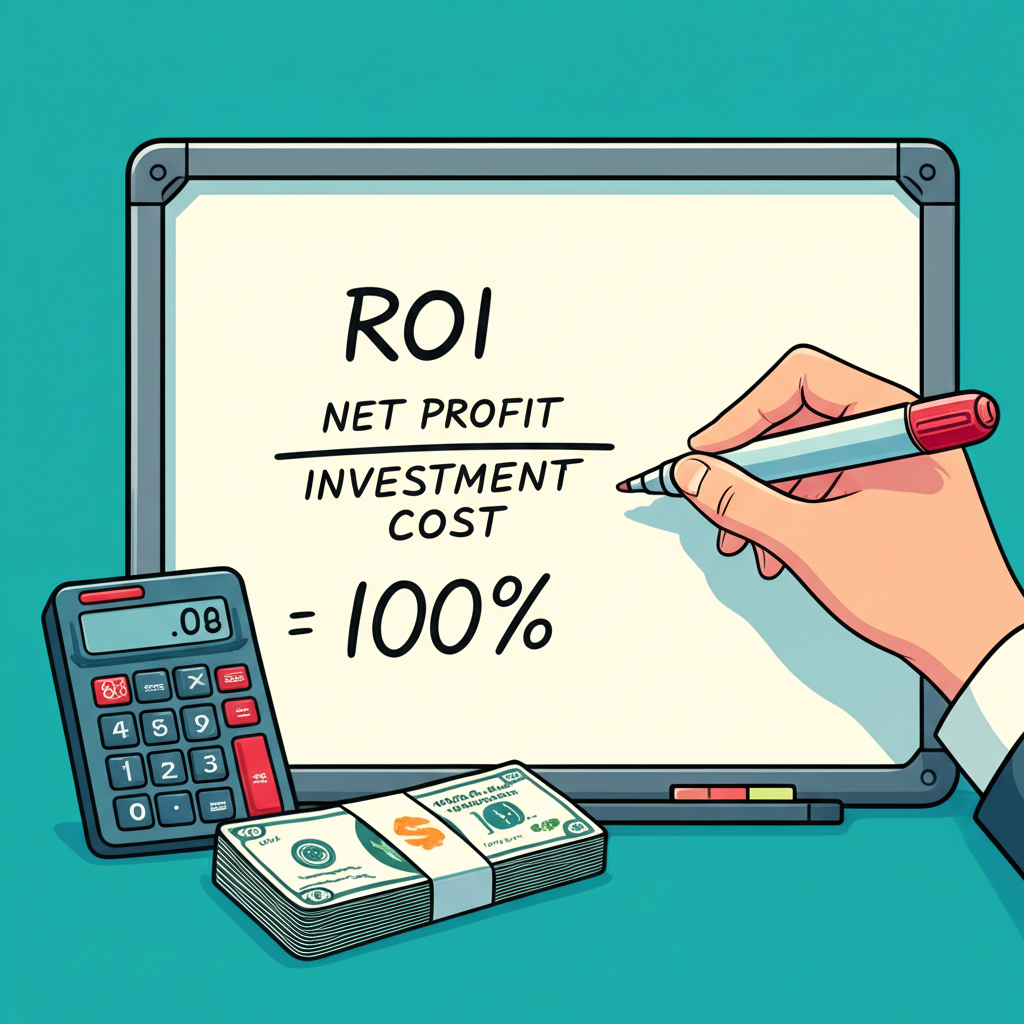 白板上顯示ROI公式,淨收益除以投資成本再乘以100%,旁邊有手持標記筆解說、計算器和錢堆疊的圖示