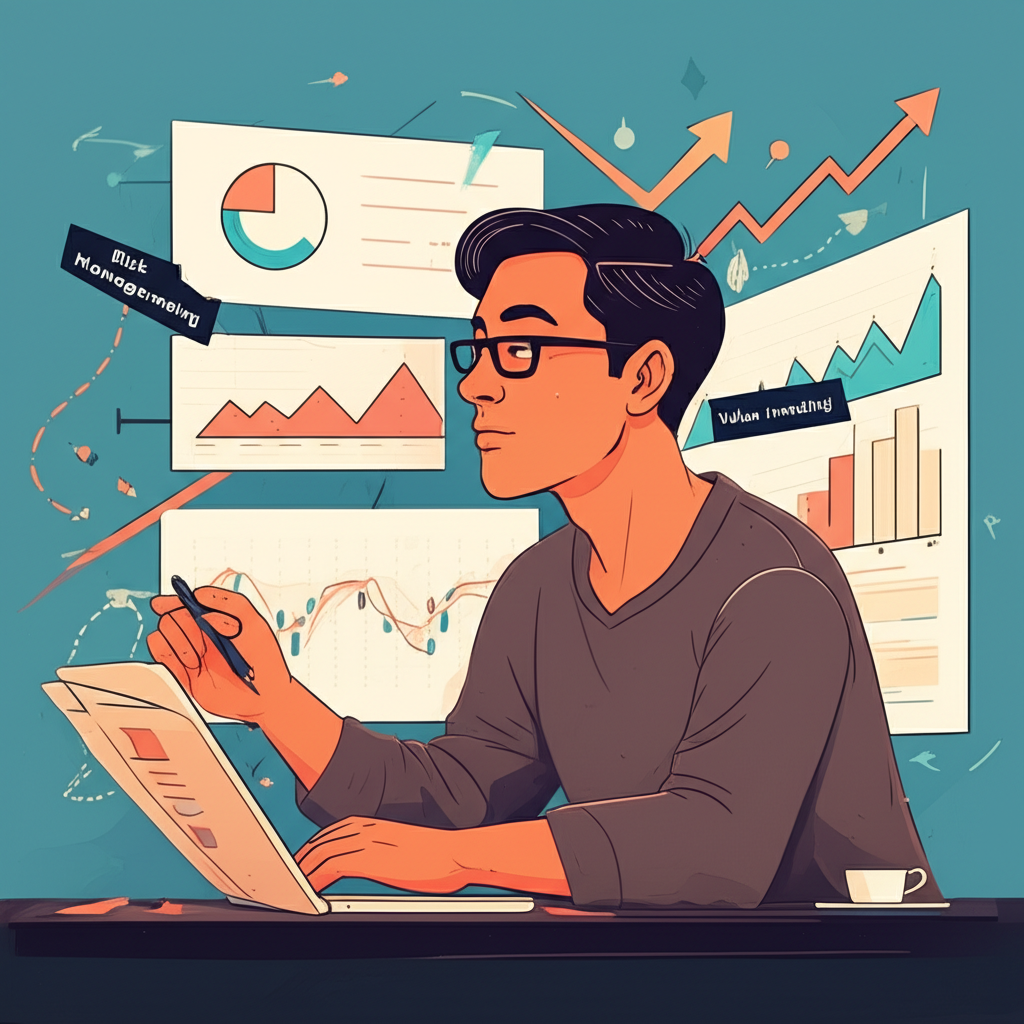 A person calmly analyzing various charts and strategies like risk management value investing and periodic investing amidst a turbulent stock market illustration style