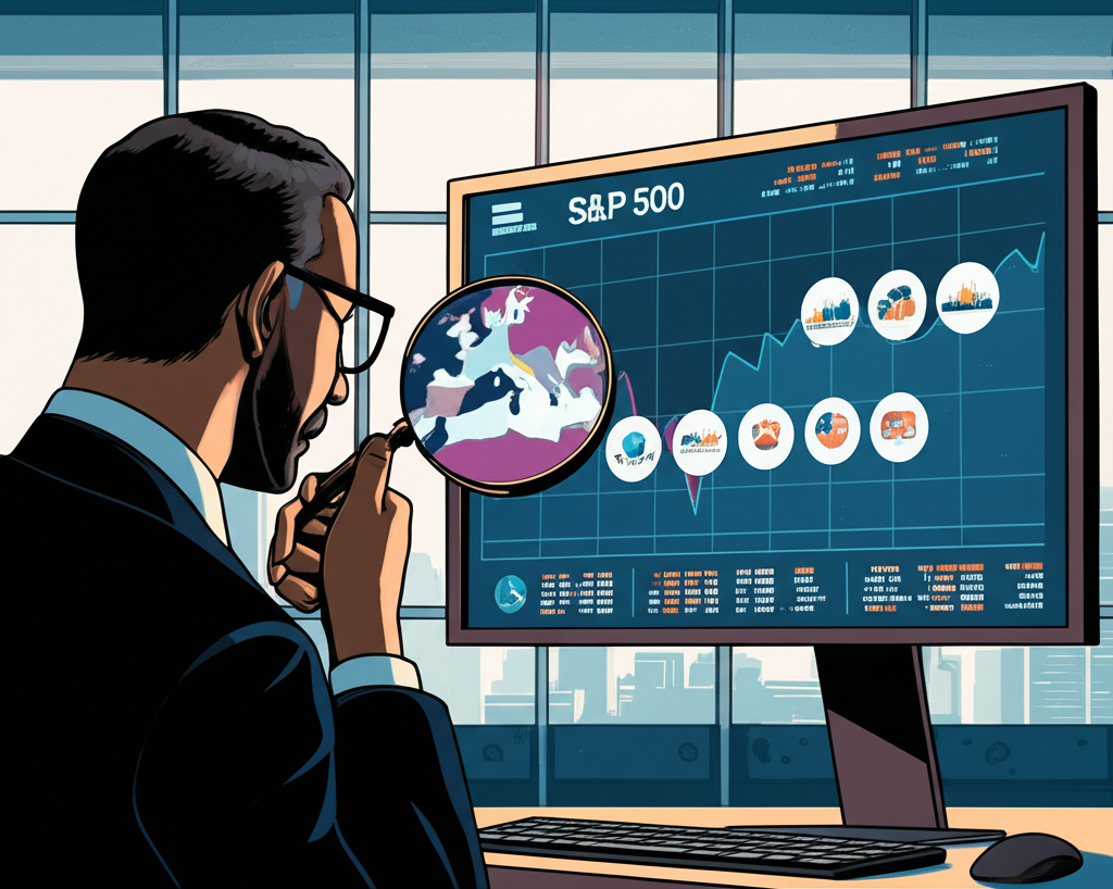 全球投資者透過放大鏡檢視 S&P 500 圖表的插圖,展現五百家美國公司代表美國經濟與股市趨勢