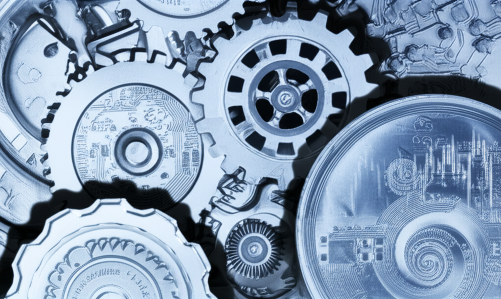 白銀雙重屬性插圖：銀幣與工業齒輪交織象徵其在全球經濟中的貴重與實用角色