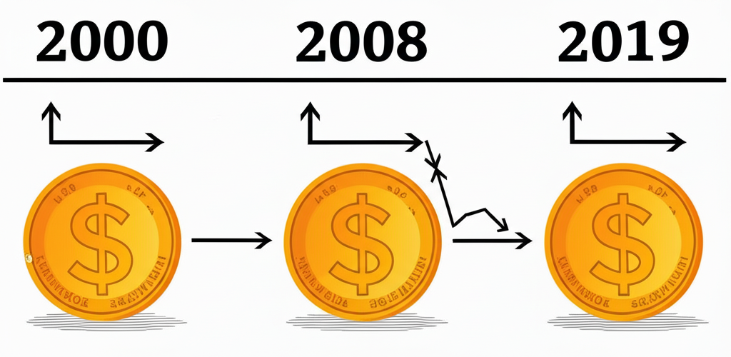 歷史降息週期中美元階段性表現的時間線圖示,涵蓋2000、2008與2019年