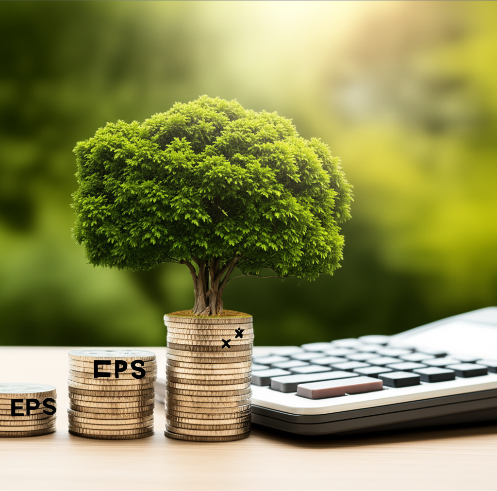 Illustration of growing EPS coins with a calculator showing earnings per share formula and a financial tree symbolizing company profits