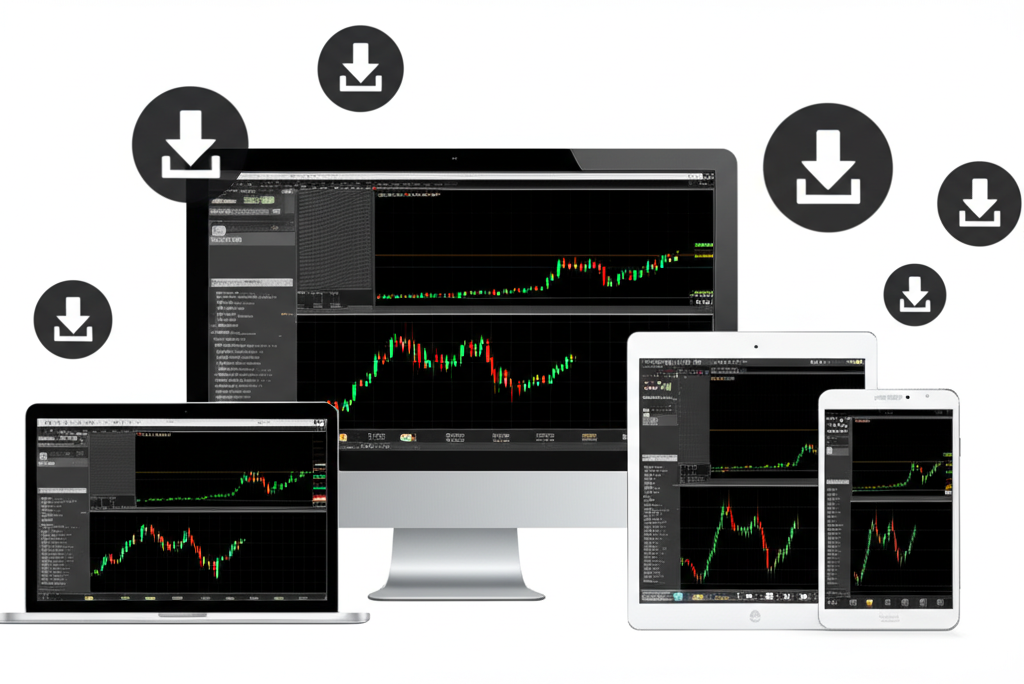 各種數位裝置包括Windows桌面、Mac筆電、Android手機和iOS平板顯示MetaTrader 4介面,周圍浮動下載圖示代表多平台存取