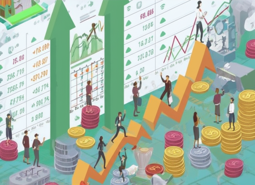 金融市場熱鬧場景插圖,顯示股價箭頭、經濟圖表與投資者應對風險