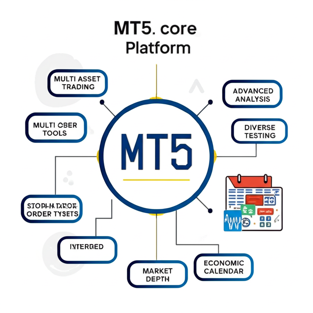 MT5 核心優勢插圖,包含多資產交易、分析工具、訂單類型等圖標