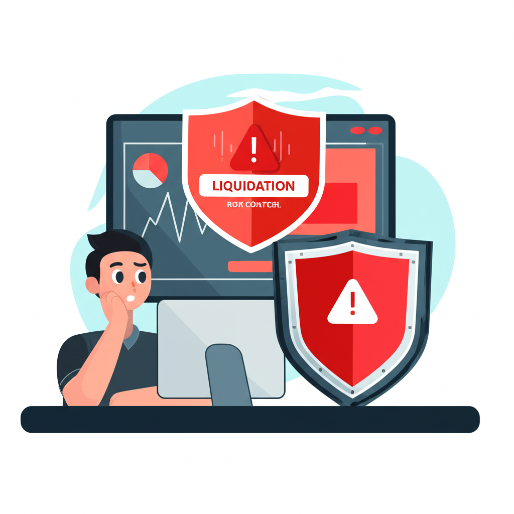 一位擔憂的交易者盯著螢幕，紅色警報顯示強制平倉，盾牌象徵平台風險控制保護交易者和平台