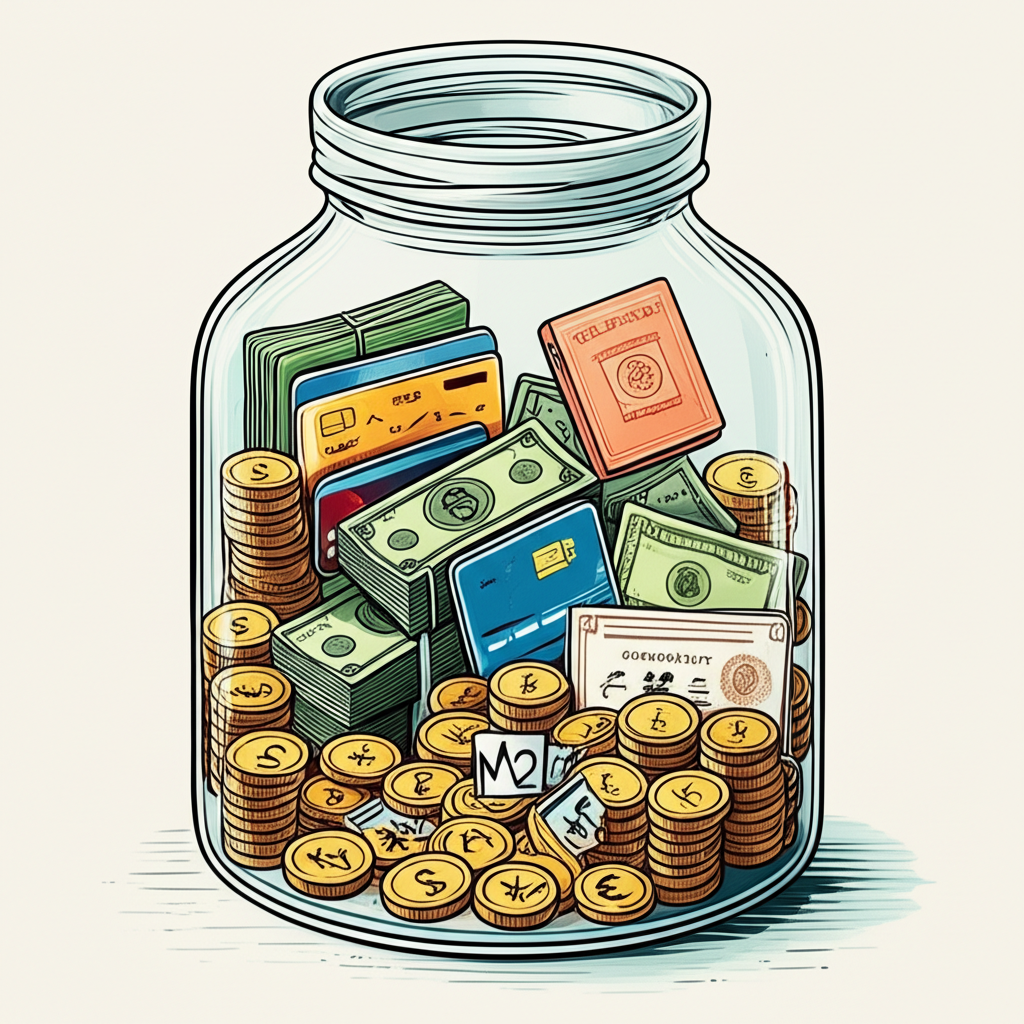 一個標記 M2 的透明大罐子,裡頭裝滿現金、硬幣、信用卡、定存證書、外幣和郵政儲蓄冊的插圖,流暢細膩風格