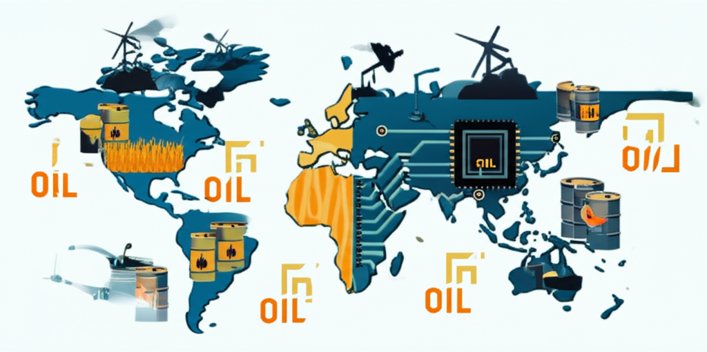 地緣政治衝突與能源糧食危機插圖,包含貿易緊張供應鏈符號