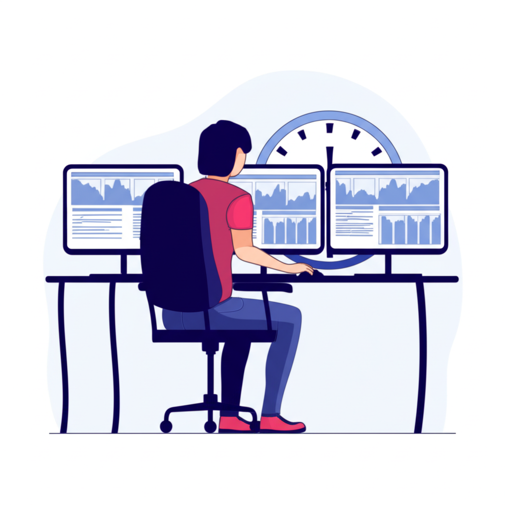 An investor sitting in front of multiple screens analyzing stock charts with a clock in the background emphasizing the importance of precise timing in financial markets illustration style