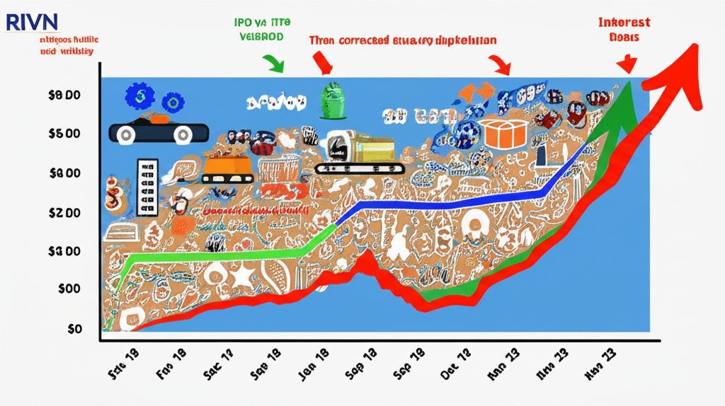 RIVN股票反映市場高度關注與波動性,IPO定價78美元飆升至179美元,受供應鏈、通膨和升息影響修正的走勢插圖