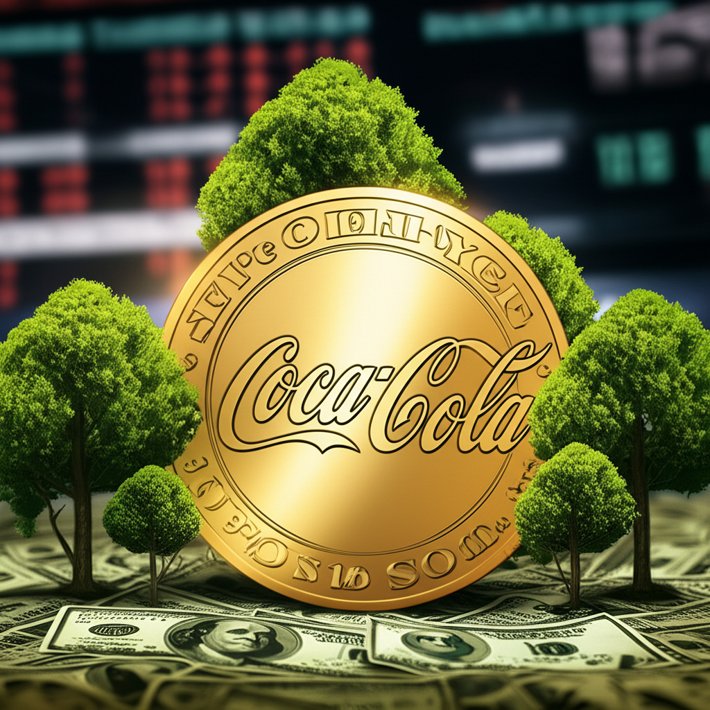 An illustration of a gold coin with a Coca-Cola logo on it surrounded by growing money trees and a stock market ticker tape with NYSE in the background