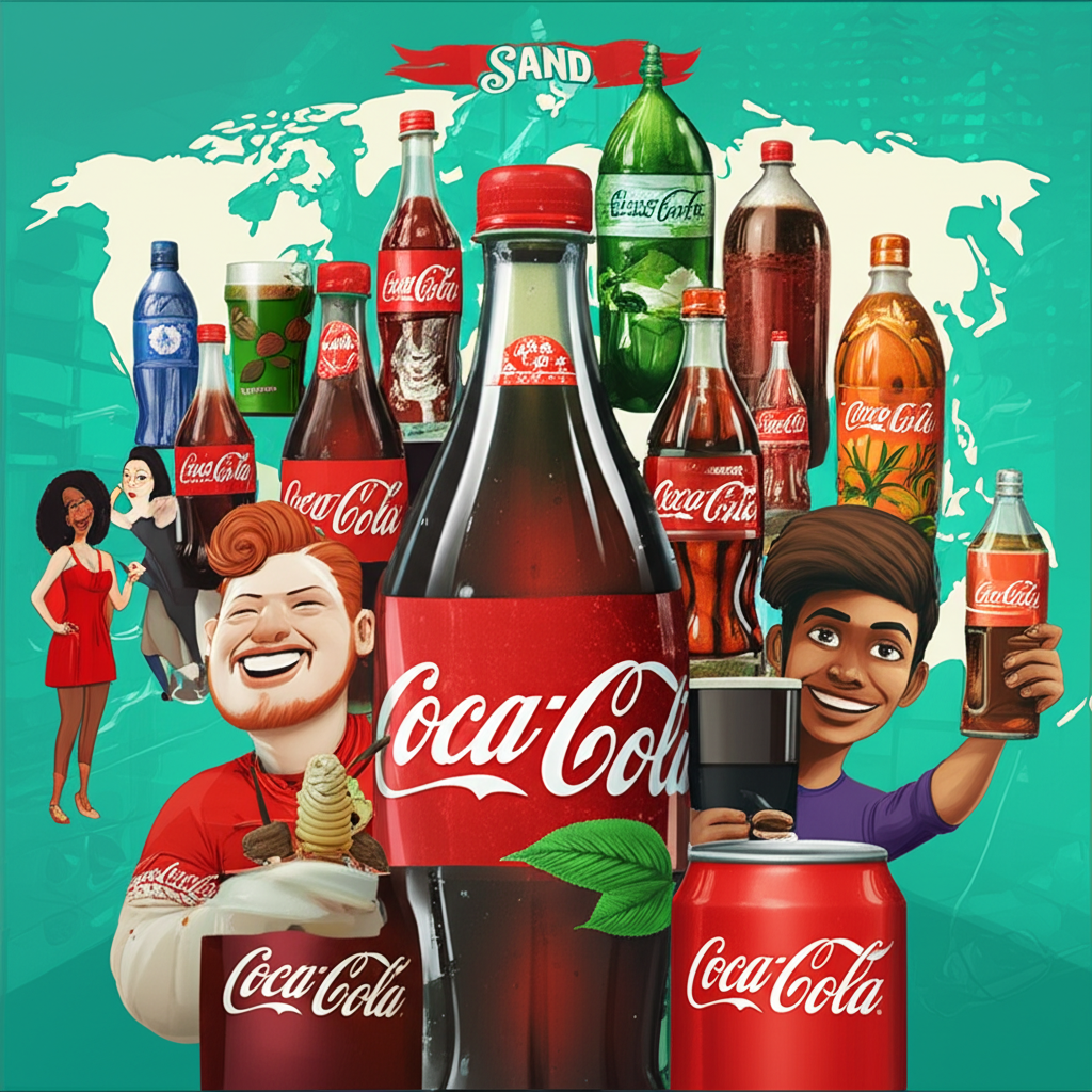 A vibrant illustration of Coca-Cola products from around the world showing diverse beverages like soda juice tea and coffee with a global map background and happy consumers
