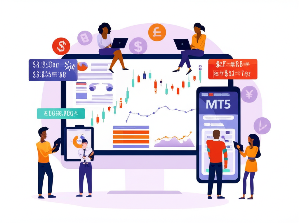 交易者使用 MT5 平台在電腦、平板和手機上進行全球交易的插圖