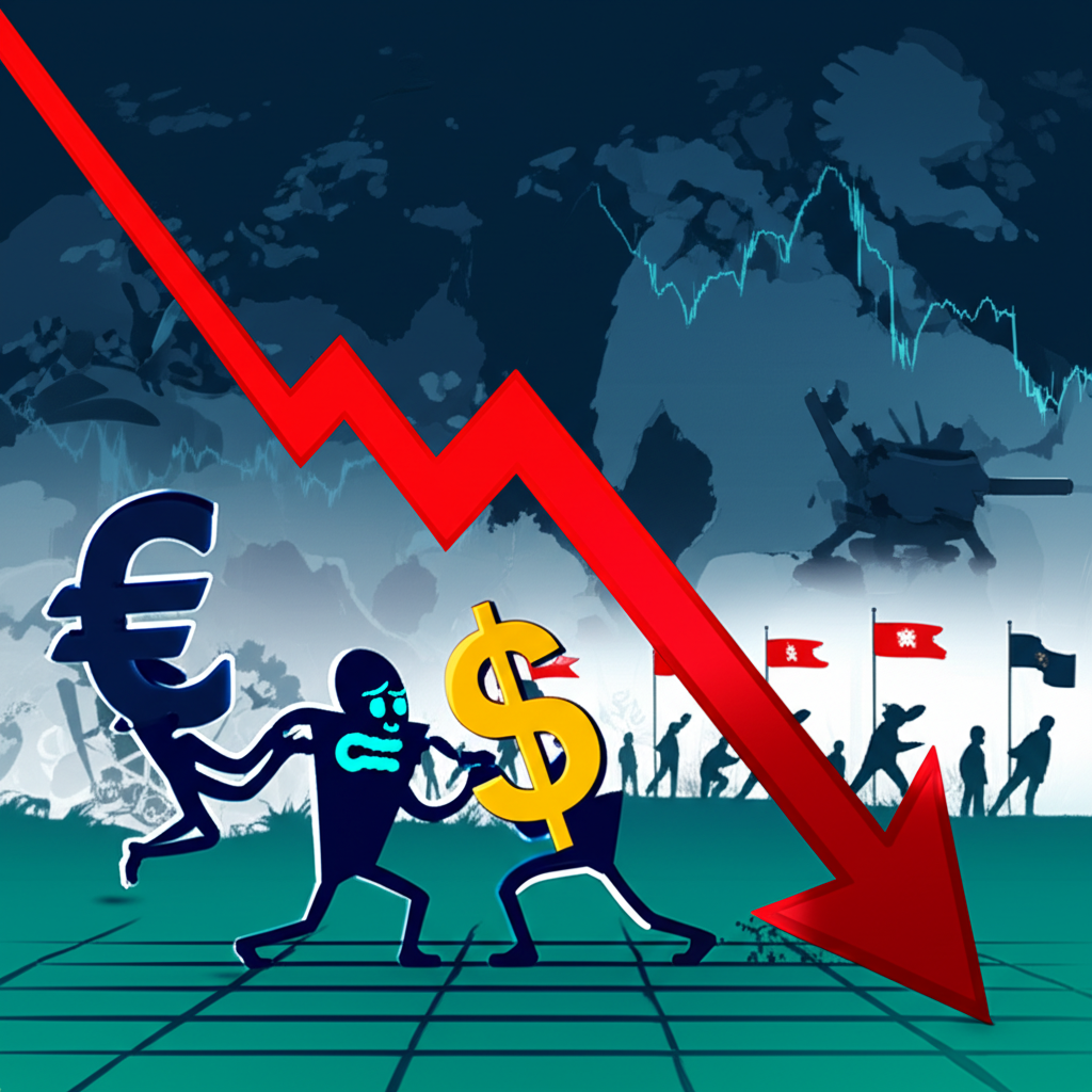 An illustration of euro and dollar symbols struggling against downward pressure on a chart with a background of geopolitical events and economic indicators like inflation and interest rates
