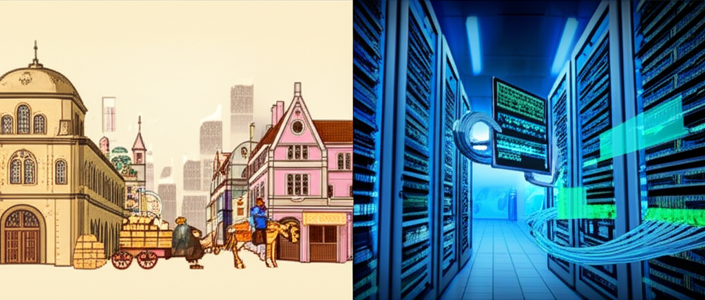 歷史商人兩城貿易與現代高頻交易電腦演算法的插圖，突顯套利從傳統到數位市場的演進