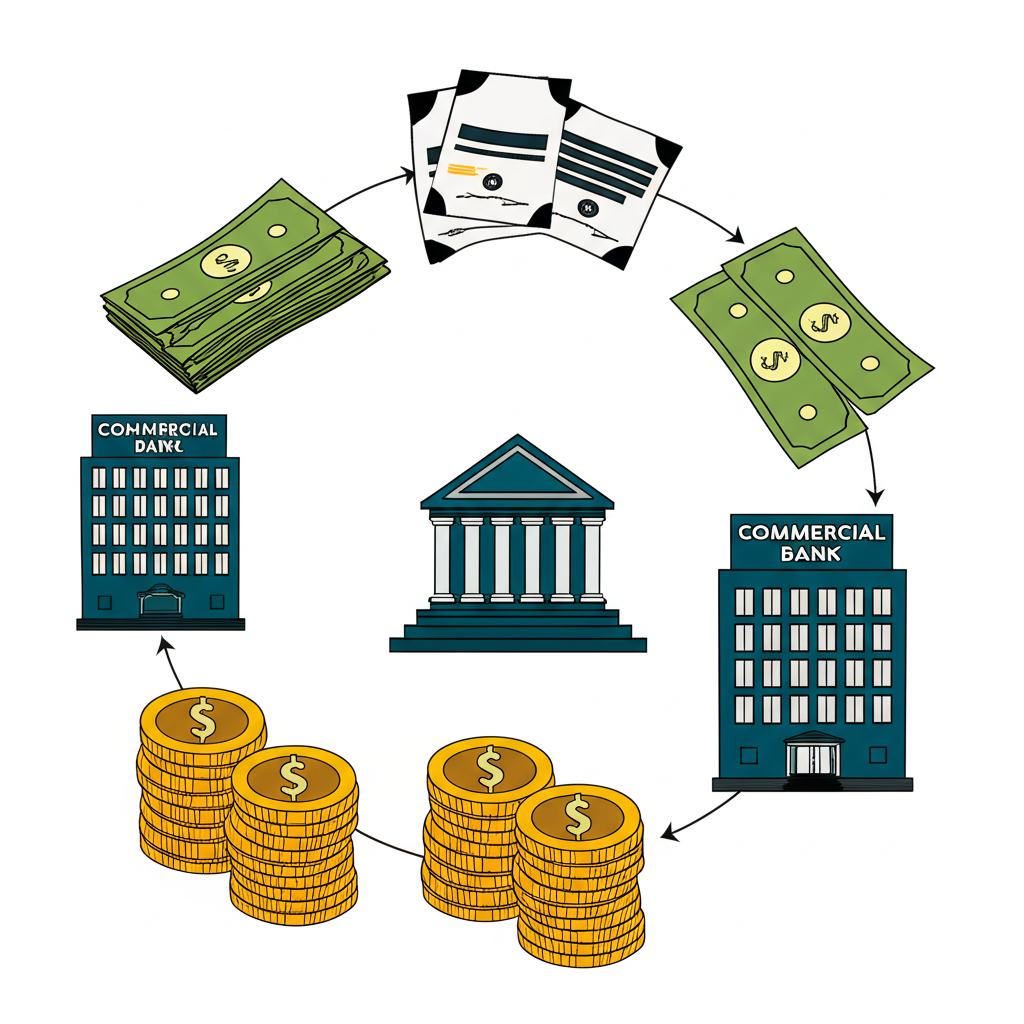 資金從商業銀行流向中央銀行的逆回購交易插圖,象徵央行借入資金而銀行提供貸款