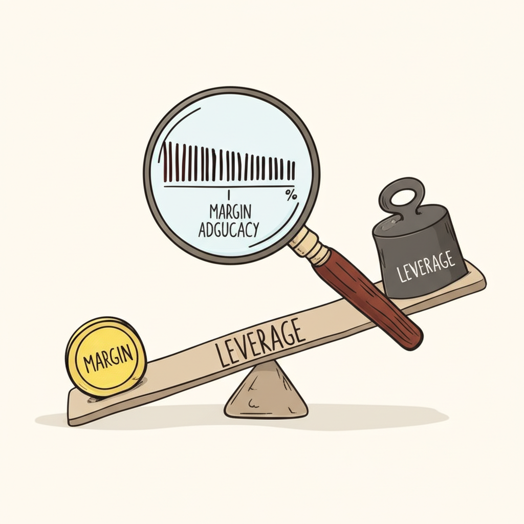 跷跷板圖示，一邊小幣標記保證金，另一邊大重物標記槓桿，放大鏡顯示保證金充足率快速下降