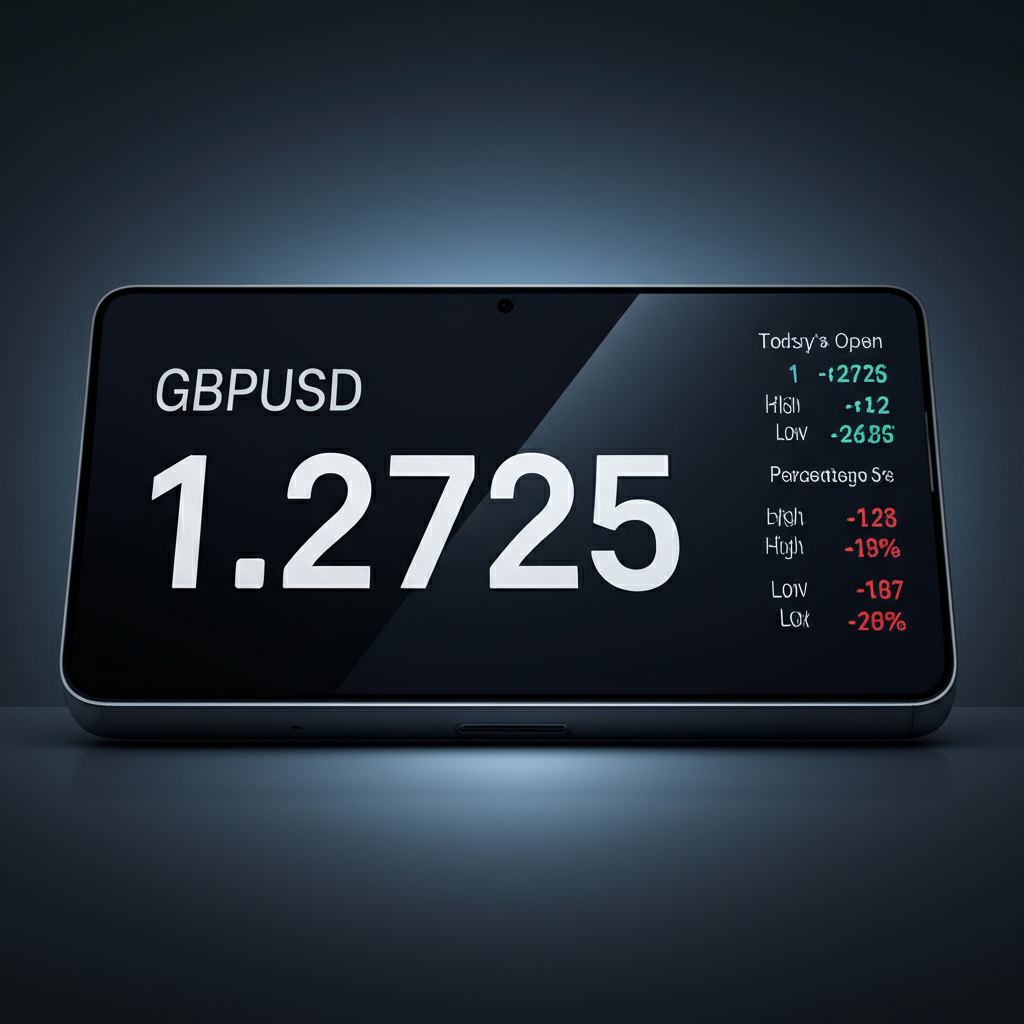 數位顯示器上呈現GBP/USD匯率1.2725的插圖,包括今日開盤、最高、最低、漲跌幅與百分比