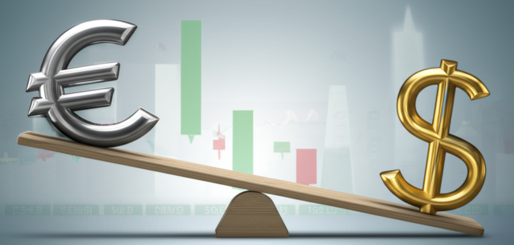 An illustration of global financial markets with euro and dollar currency symbols balancing on a seesaw representing exchange rates and economic health for investors
