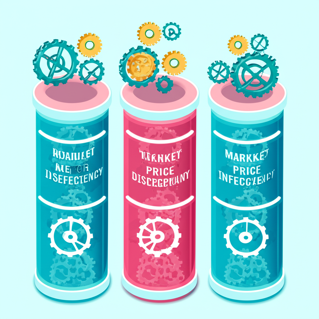 三個抽象柱子代表套利核心原理，包括價格差異、市場非效率以及交易成本與執行速度的重要性，用齒輪和齒輪象徵市場機制