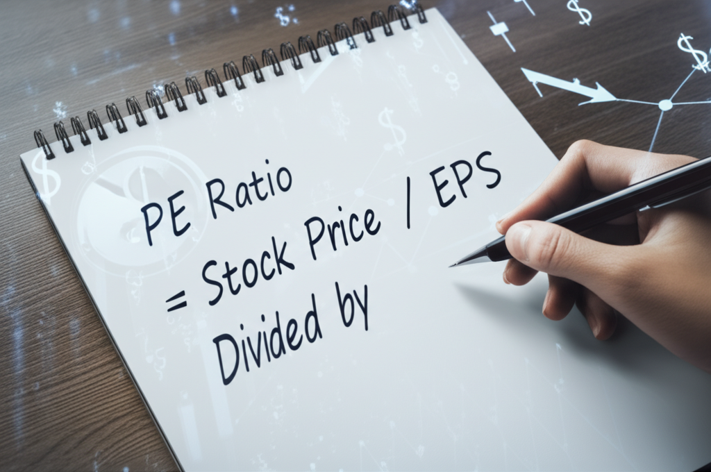 A hand holding a pen writing the formula PE Ratio equals Stock Price divided by EPS on a notepad with financial symbols in an illustration style