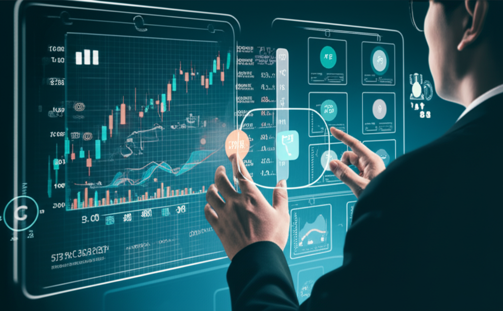 An investor strategically placing stock orders on a digital interface managing risk and aiming for profit with automated tools illustration