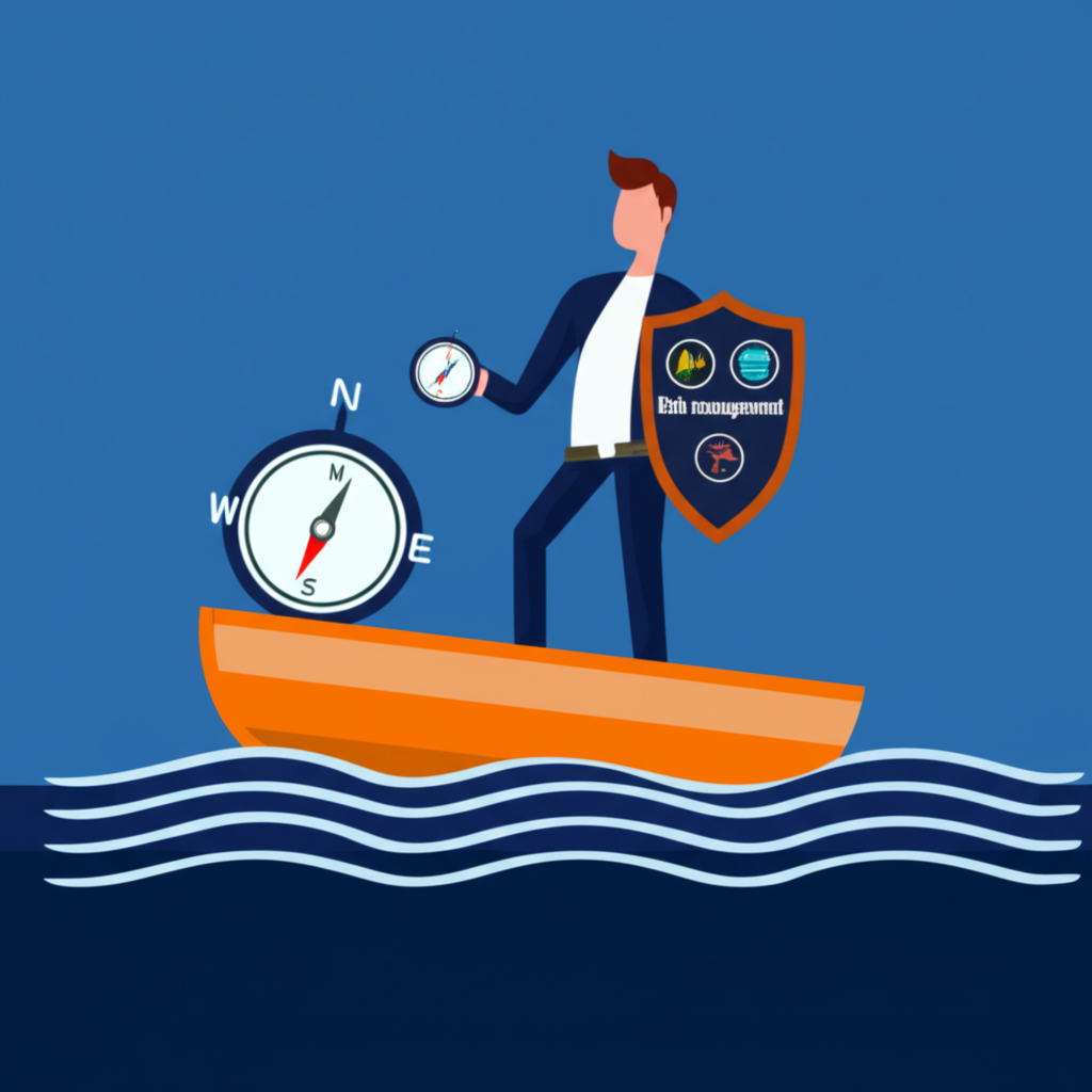 An illustration of an investor calmly navigating a stormy stock market sea with a compass and a shield representing risk management and mental resilience transforming a crisis into an opportunity