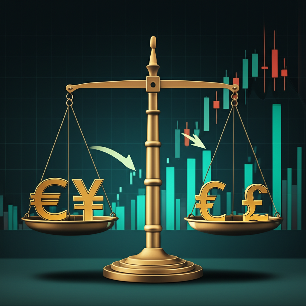 美元指數 DXY 平衡歐元、日圓、英鎊等貨幣的插圖,背景顯示其對股市圖表和全球資金流向的影響