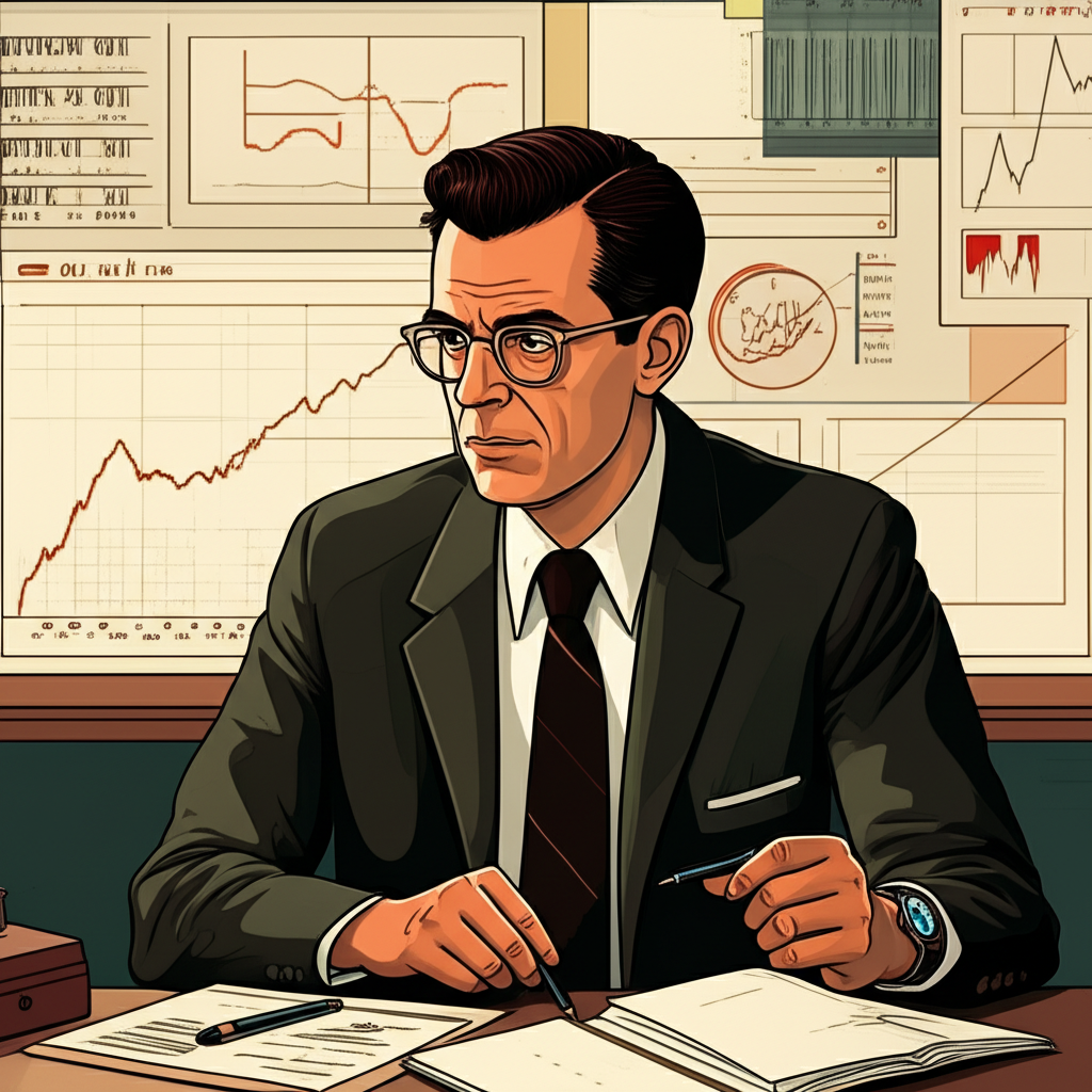 illustration showing George C Lane a financial analyst from the 1950s developing the KDJ stochastic oscillator for futures markets later expanding its use to stocks forex and crypto assets