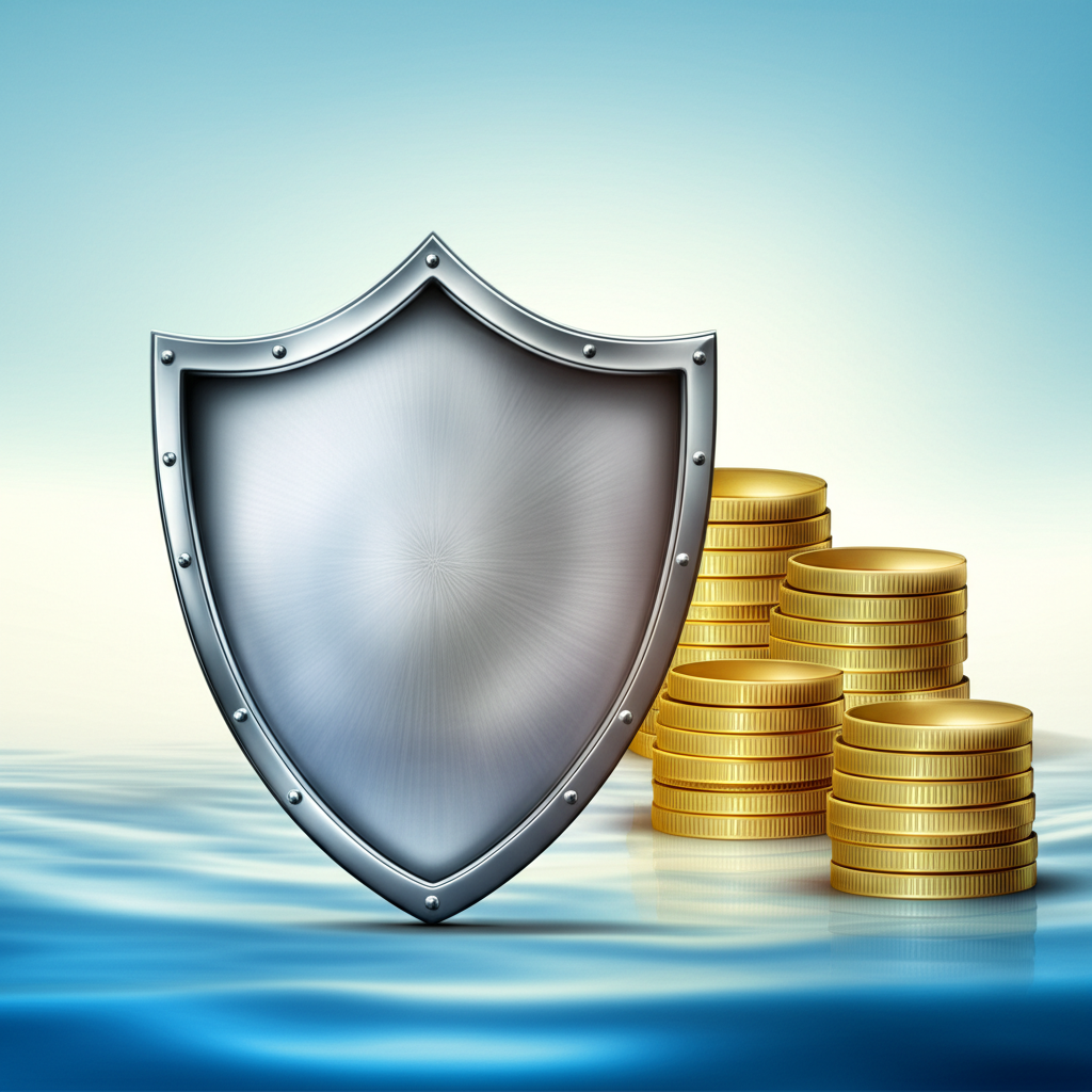 An illustration of a strong shield representing safety a flowing river for liquidity and coins stacked for stable returns all against a backdrop of economic stability