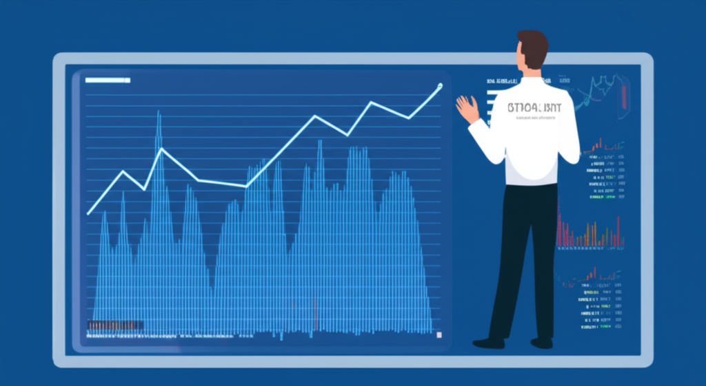 An investor analyzing a stock chart on a digital screen with P/E ratio data and market trend lines in an illustration style