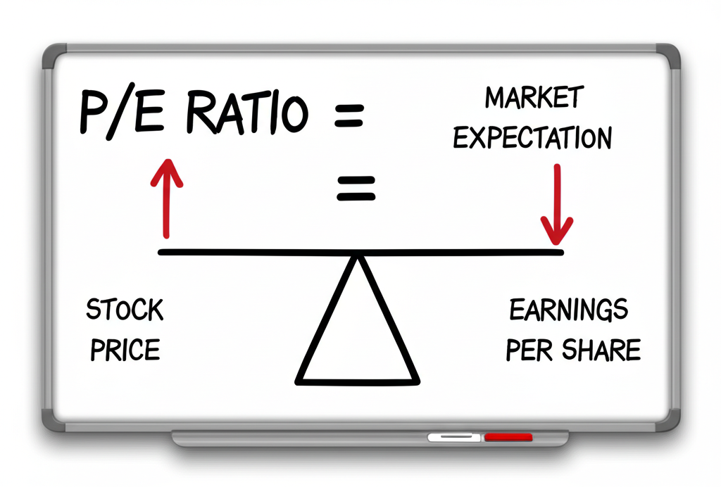 Simple illustration of P/E Ratio formula on a whiteboard with balanced elements of stock price and earnings per share