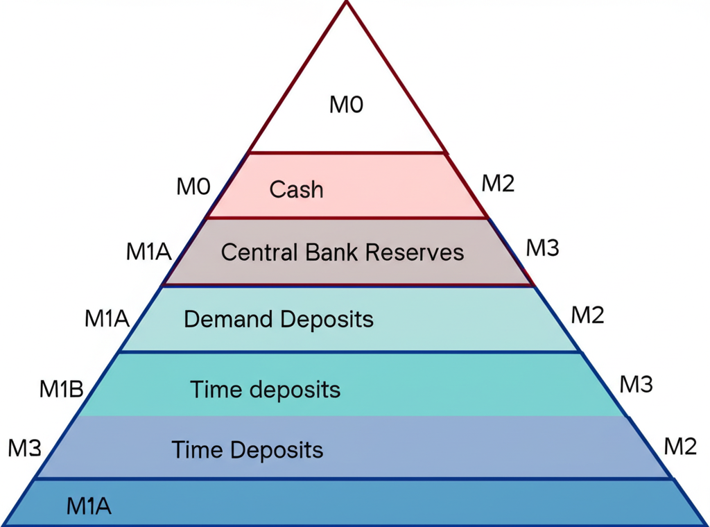 層狀金字塔插圖顯示 M0 到 M3 的貨幣供給層次,從上到下包含現金、活期存款和定存等,乾淨資訊風格