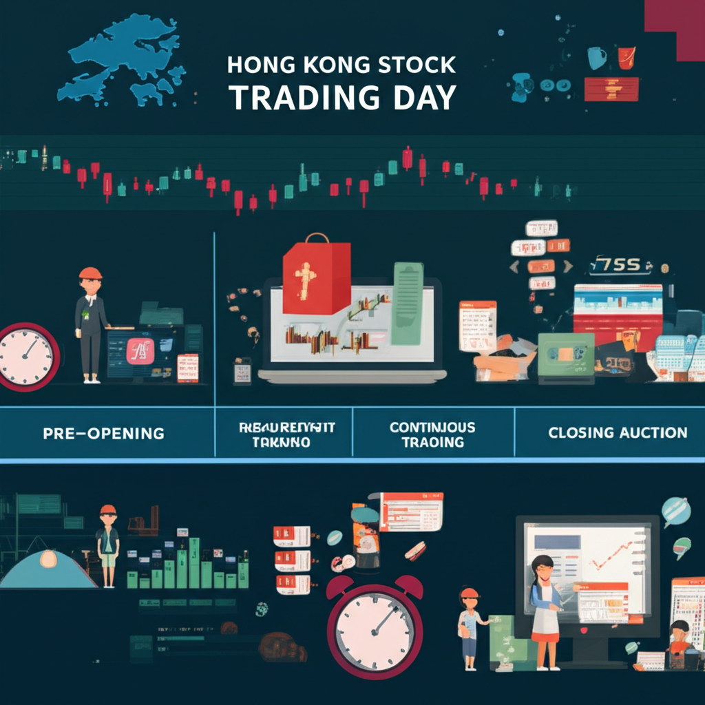 A detailed illustration of Hong Kong stock market trading day showing different time segments like pre-opening continuous trading and closing auction with clocks and market activity illustration style