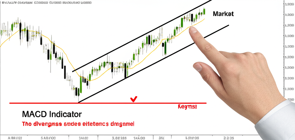 股票圖表顯示MACD指標背離預示趨勢反轉，手指指向關鍵訊號，市場分析概念