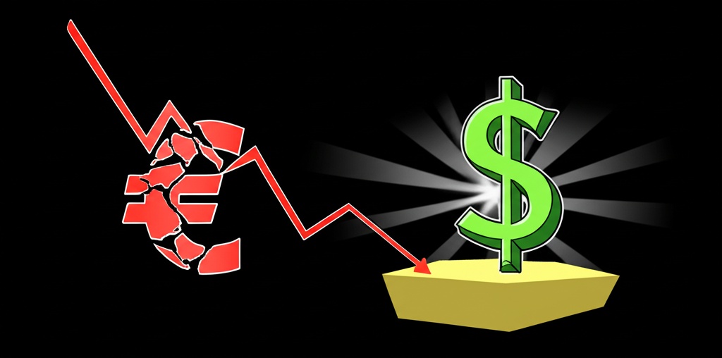 An illustration depicting a weak eurozone economy with a slow recovery contrasted with a strong US dollar symbol representing safe haven demand and diverging central bank policies