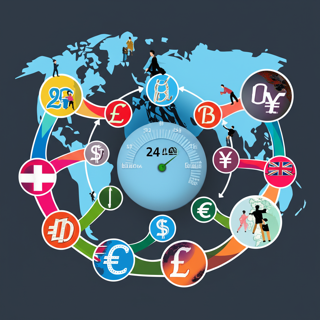 全球外匯金融市場圖景:貨幣在各國間湧動,24小時時鐘環繞,多樣投資者積極參與