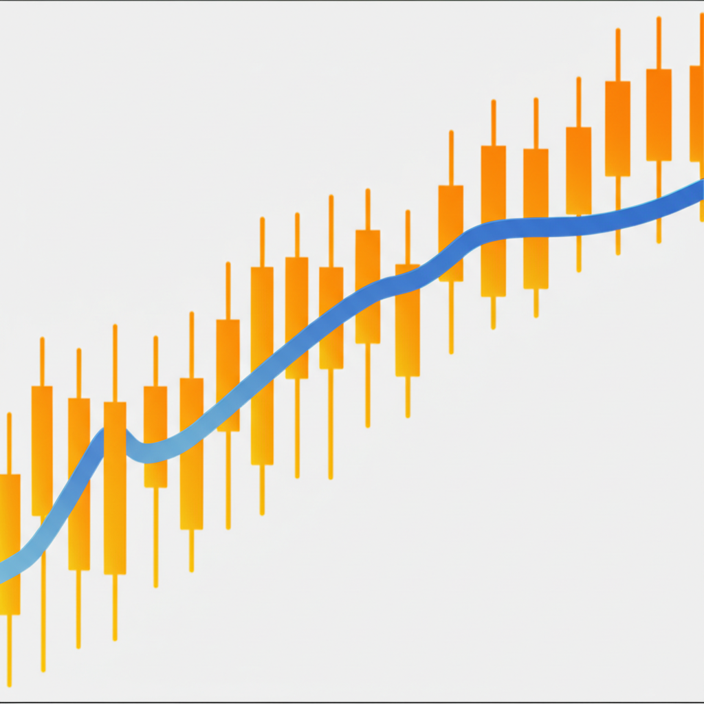 股票圖表上藍色平滑移動平均線穿越橙色K線蠟燭圖,顯示趨勢方向