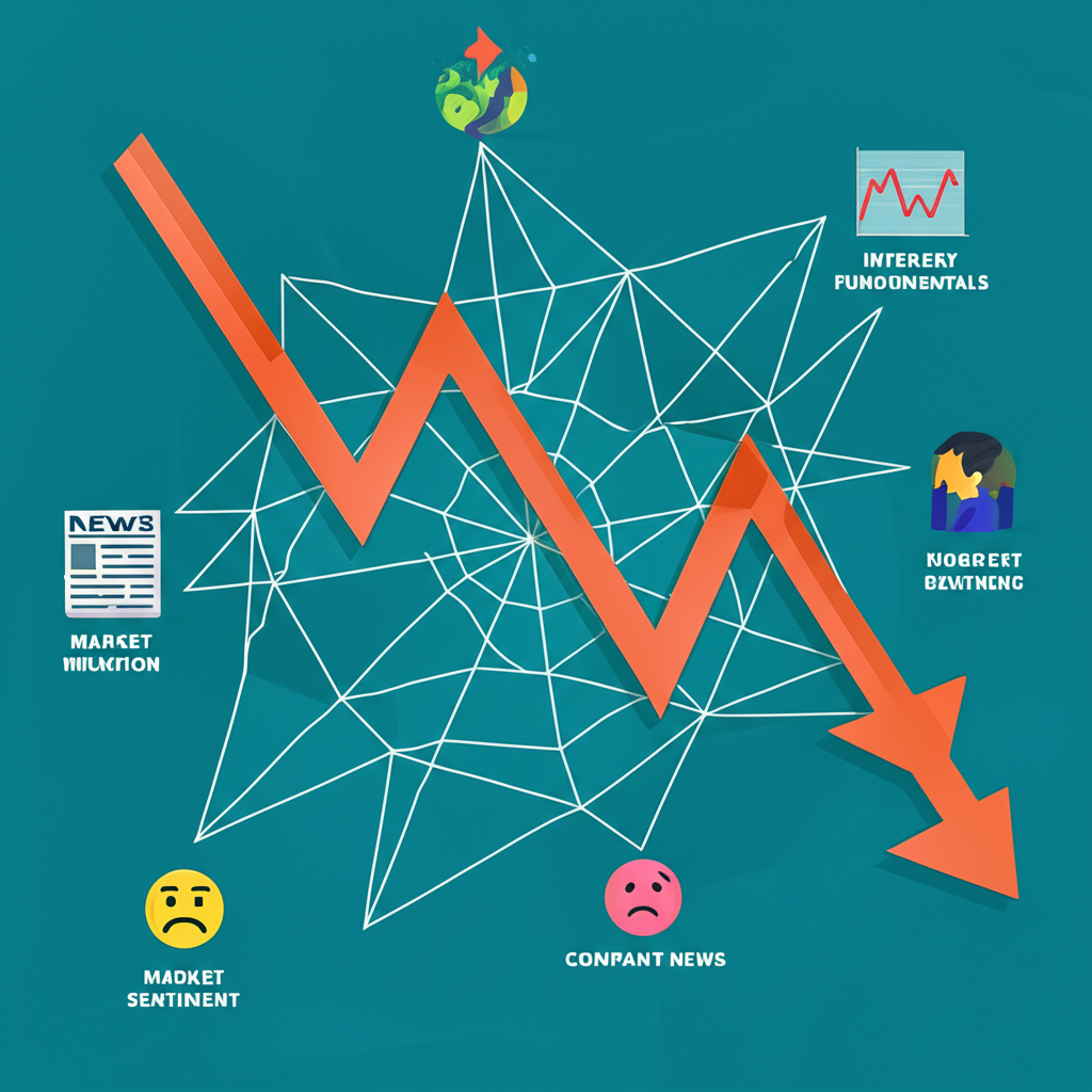 A complex web of factors macroeconomics industry fundamentals company specific news and market sentiment affecting a downward arrow representing stock prices illustration style
