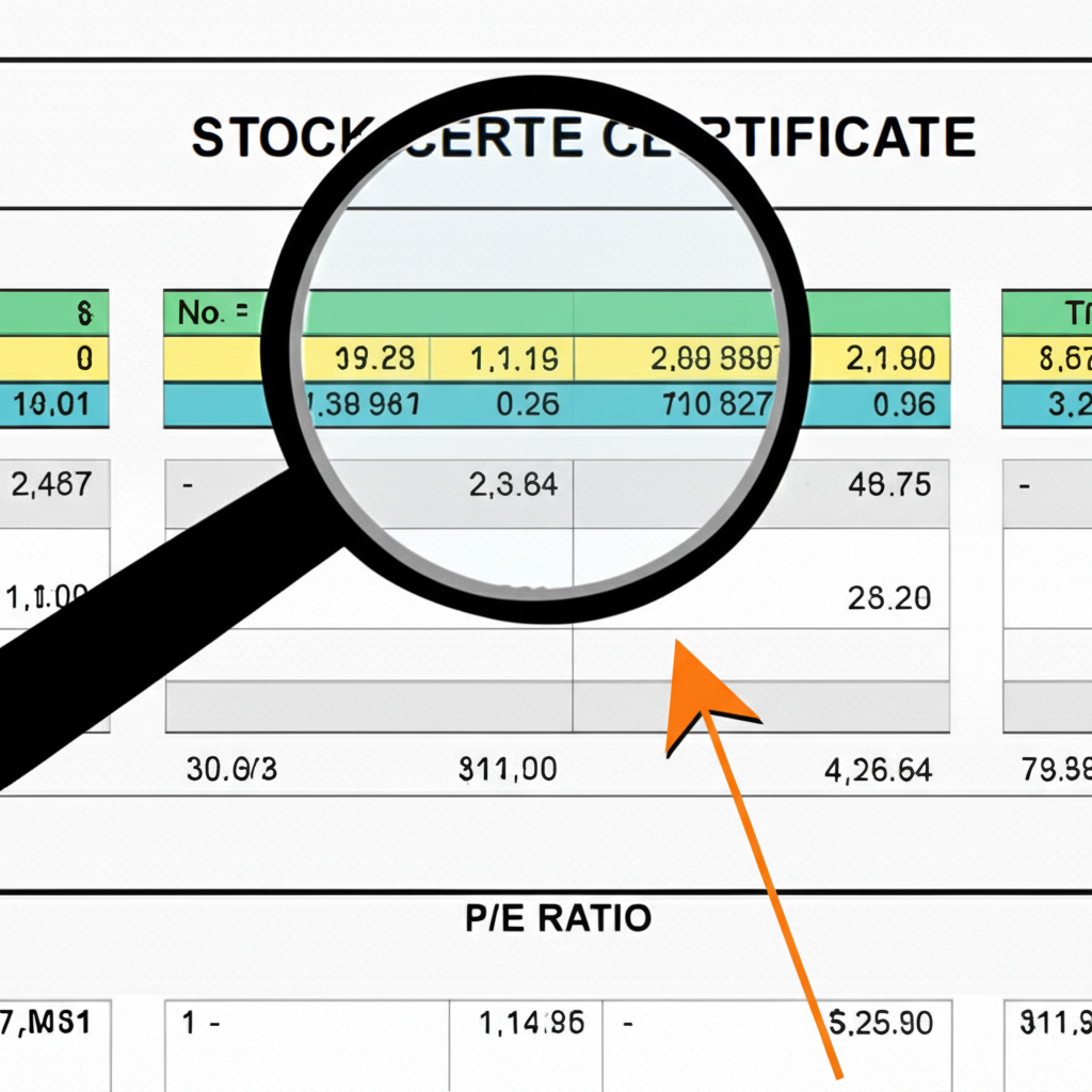 A magnifying glass hovering over a stock certificate with numerical data and an arrow pointing to a P/E ratio calculation in an illustration style