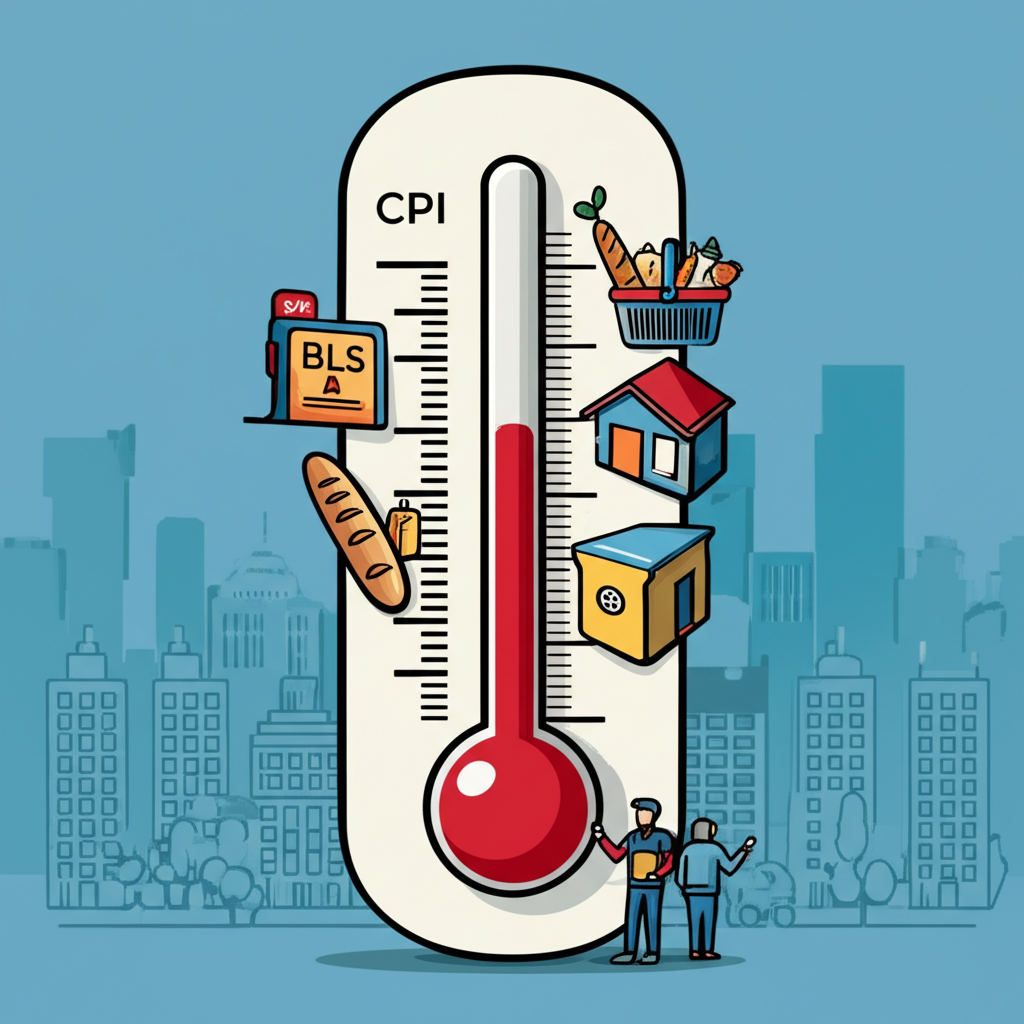 標示CPI的巨型溫度計測量通膨,環繞食品住宅能源等商品籃子,BLS代理人在城市景觀蒐集價格數據