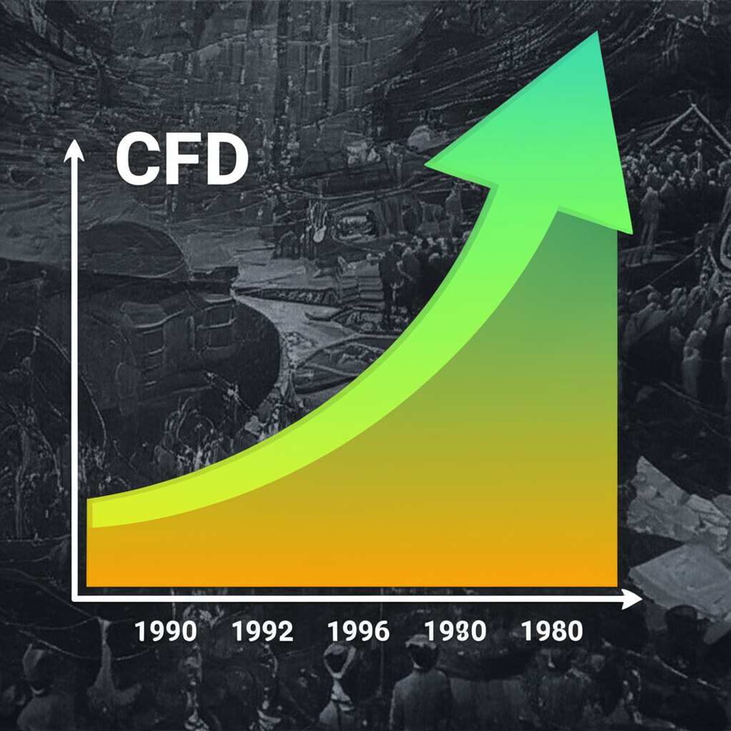 差價合約 CFD 起源與成長時間線的插圖，展示 1990 年代英國起源與槓桿工具的快速普及